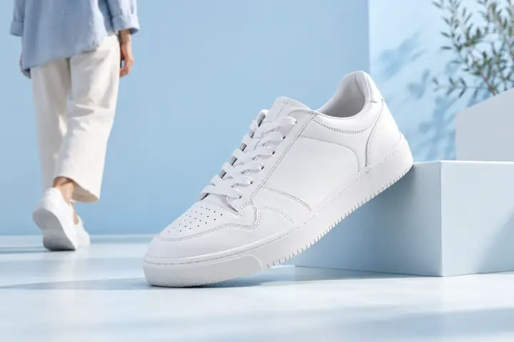 Weißer Sneaker, fotografiert in einem hellen, minimalistischen Studio vor einem hellblauen Hintergrund.