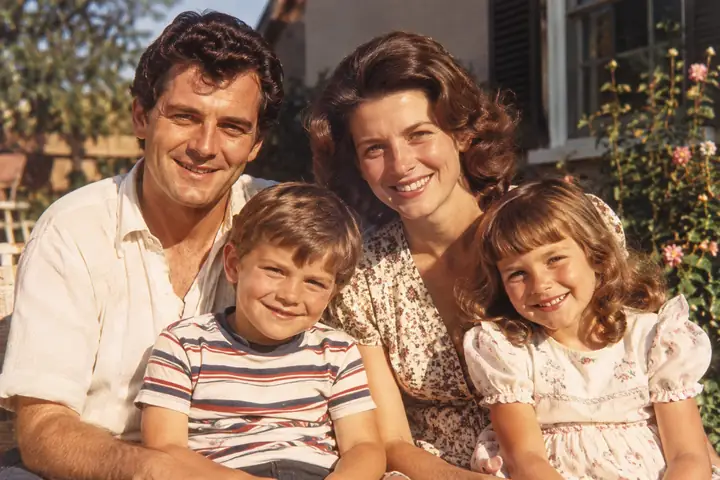 Sorgfältig erhaltenes altes Familienfoto mit warmen Farbtönen und erkennbaren natürlichen Details.