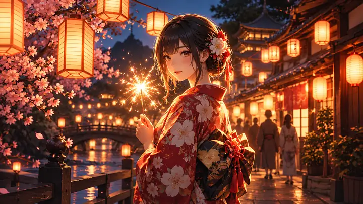 Detailreiche Anime-Illustration einer Person mit einer Wunderkerze auf einer von Laternen beleuchteten Straße bei Nacht.