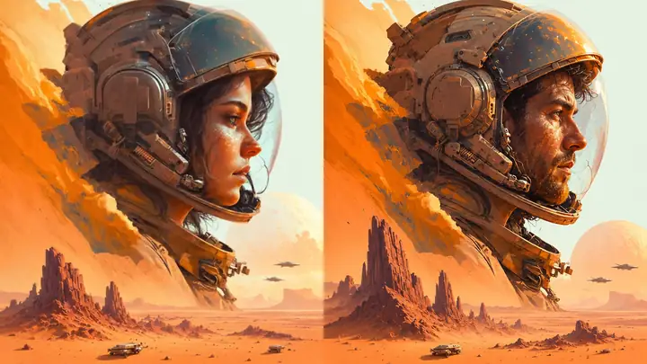 Nebeneinander angeordnete illustrierte Porträts eines Astronauten mit Helm vor einer warmen Wüstenlandschaft.